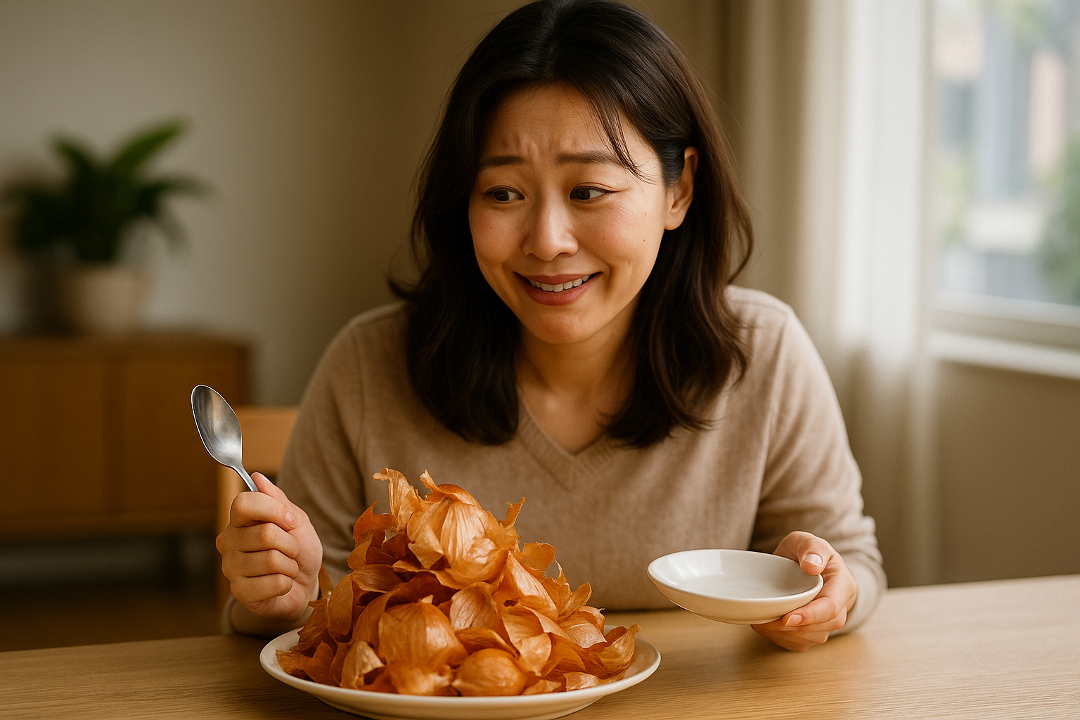 양파껍질 먹고 있는 여자